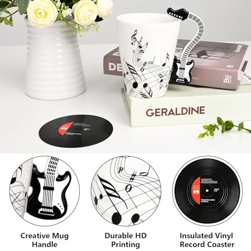Maustic Black Guitar Mug 13 Oz with Vinyl Record Coaster – Music Gift for Guitar Lovers
