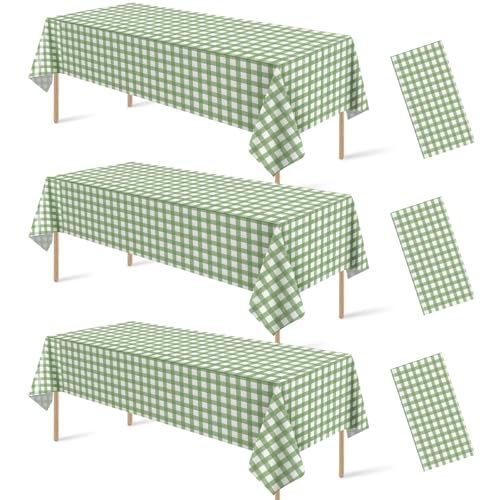 Sage Green Gingham Disposable Tablecloths 54 x 108 Inch (3 Pack)