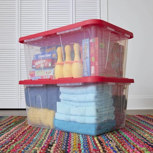 2-Pack 27-Gallon Heavy Duty Clear Plastic Storage Bins with Secure Red Lids