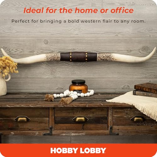 40-Inch Resin Longhorn Wall Decor with Floral Embossed Leather Strap