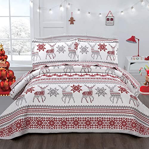 CHESITY Twin Christmas Quilt Set - Reindeer Snowflake Bedspread with Shams (68x86)