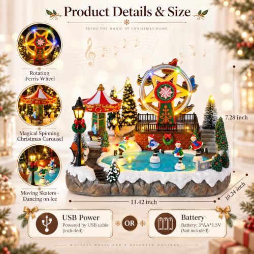 VCUTEKA Winter Carnival Christmas Village Scene with Moving Ferris Wheel & Skating Rink