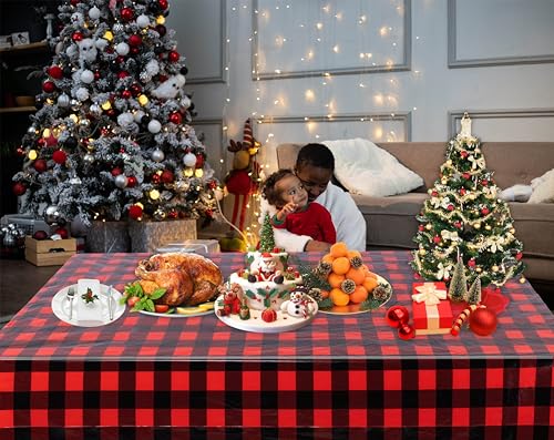 Kesfey Red and Black Gingham Christmas Tablecloths - Pack of 3, 54x108 inches