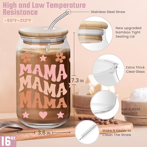 Nurforta C - MAMA 16 Oz Glass Coffee Mug with Leak-Proof Bamboo Lid - Mother's Day Gift