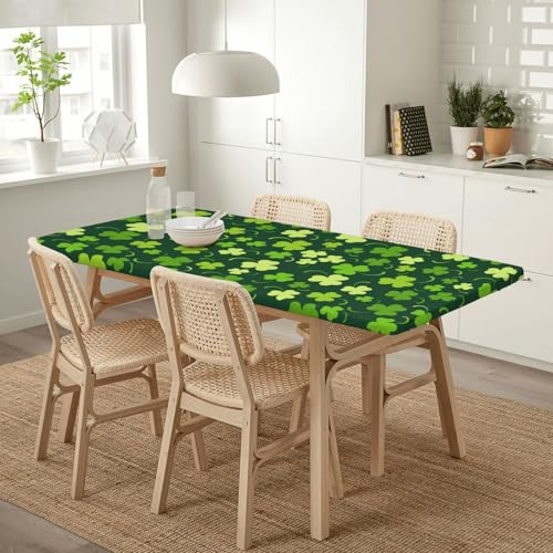 Fiokroo St. Patrick's Day Rectangular Tablecloth 60 x 30 Inches with Elastic Edge, Lucky Clover Design, Washable Holiday Party Decor
