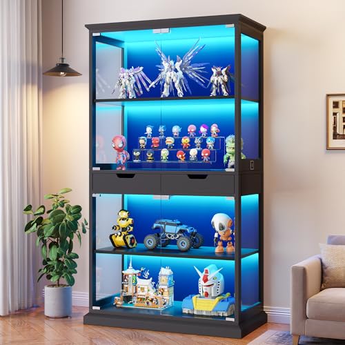 4-Tier Glass Display Cabinet with RGB Lights, Motion Sensor & 2 Drawers