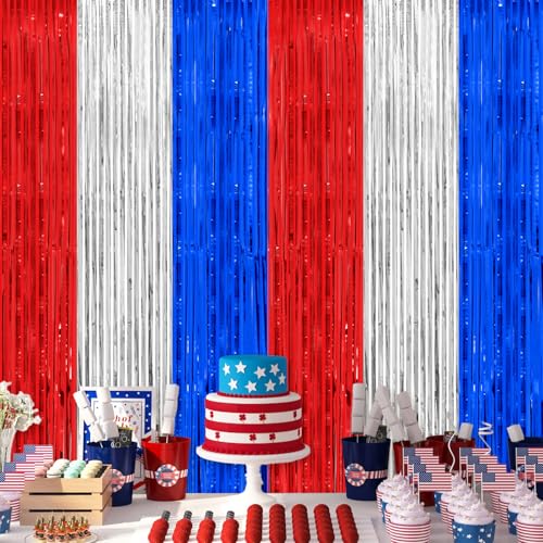 Patriotic Red White and Blue Tinsel Foil Fringe Curtain Backdrop - 2 Pack
