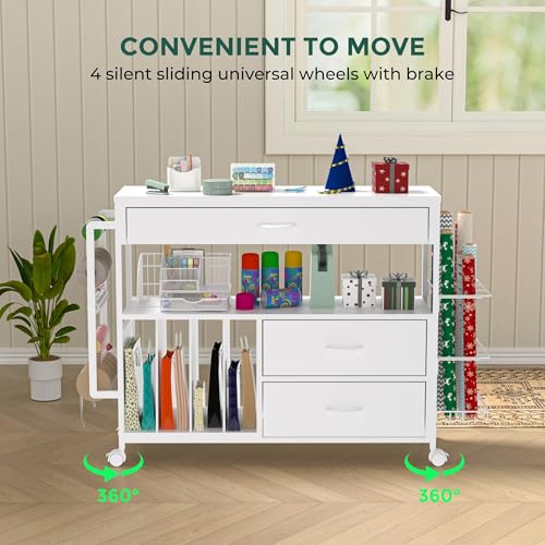 Wrapping Paper Storage Cart with Wooden Drawers and Ribbon Holder White