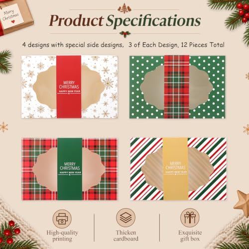 Gueevin 12 Pcs Christmas Cookie Boxes Gift Set, 8.5 x 5.75 x 2.75 in, Vintage Designs (12 Count / 4 Styles)