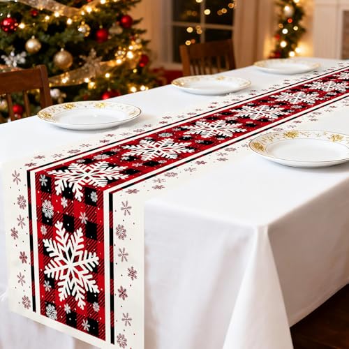 Christmas Table Runner 13x90 Inch Red & Black Buffalo Plaid Snowflake Pattern Linen