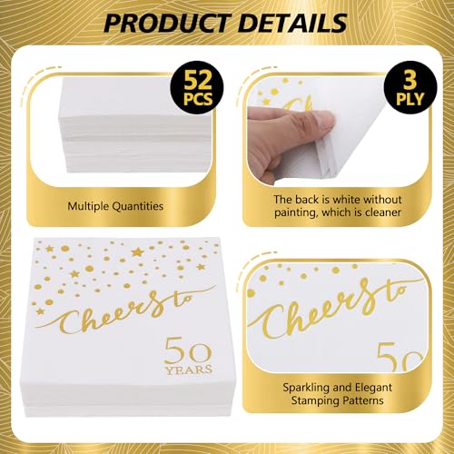 Vuzvuv 52 Pcs 50th Birthday Cocktail Napkins - Confetti White with Gold Dots, 3-Ply, 5" Folded, Cheers to 50 Years Party Supplies