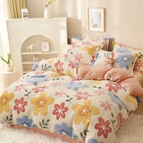 Queen Size Pink Floral Duvet Cover Set, Ultra Soft Faux Fur Bedding