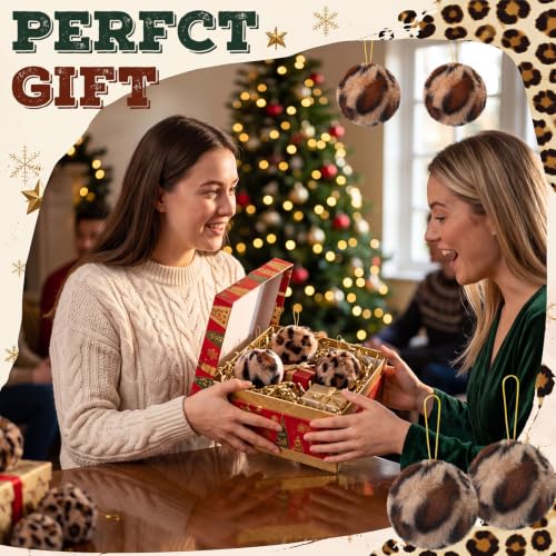 Leopard Print Faux Fur Christmas Ornaments - 12 Pack, 2.3 Inch Holiday Tree Decorations