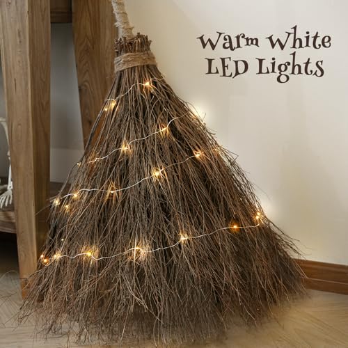 6FT Lighted Witch Broom Halloween Decoration - Rustic Real Twig Porch Decor