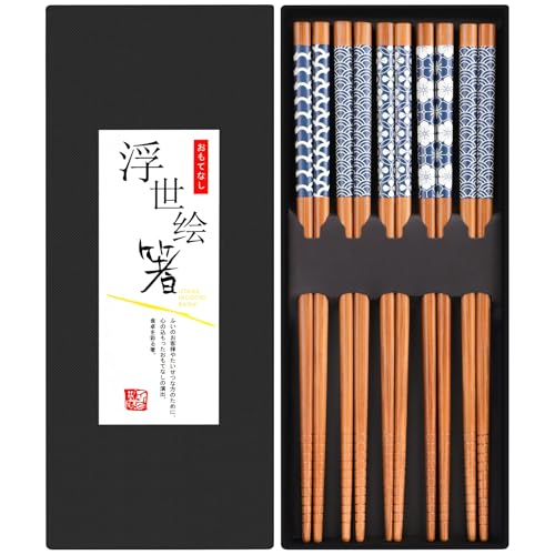 5 Pairs Natural Bamboo Chopsticks, Reusable Japanese Style Gift Set