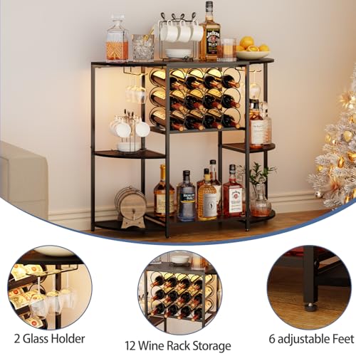 3-Tier Wine Bar Cabinet with Smart LED Lights & Glass Holder - Black