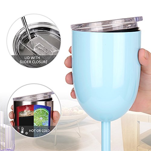 AMZUShome 10 oz Light Blue Stainless Steel Wine T tumbler with lid & straw, double walled
