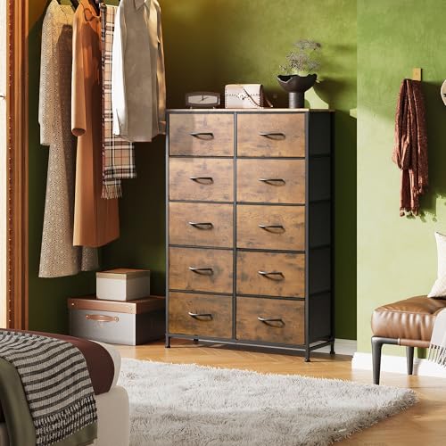 10-Drawer Tall Storage Dresser, Rustic Wood Top Fabric Chest for Bedroom