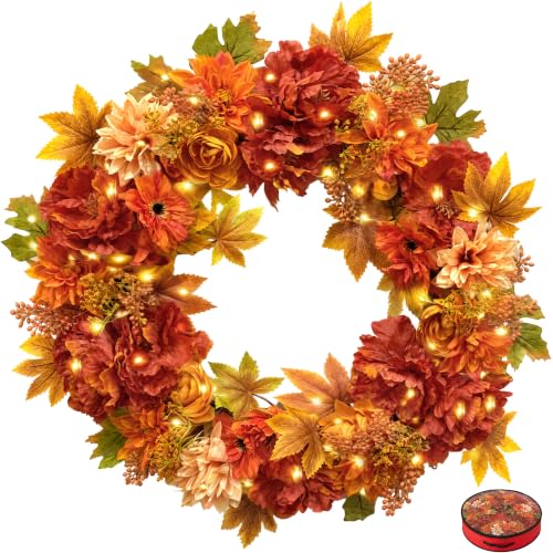 24-Inch Fall Wreath for Front Door with Autumn Flowers and Storage Bag