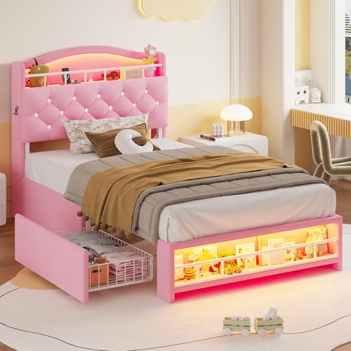 Twin Upholstered Bed Frame with LED Lights, 4 Drawers & Charging Station