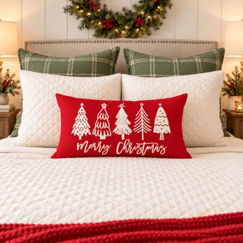 HERHOME Christmas Pillow Covers 12x20 Red Merry Christmas Tree Decor (Pack of 1) 20" x 12"