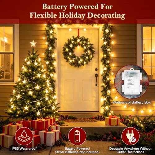 Battery Operated 20ft Christmas Star String Lights with 60 Warm White LEDs