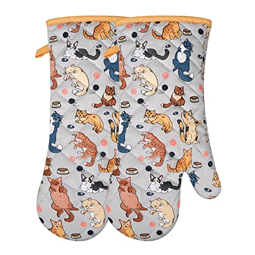 Extra-Long Cotton Oven Mitts, Heat Resistant Cat Print Kitchen Gloves