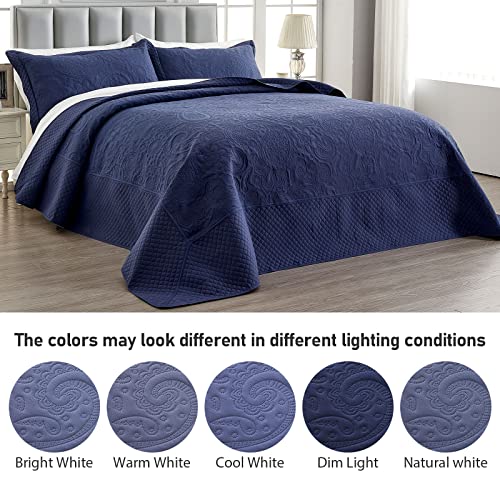 Oversized King Bedspread Set - Navy Blue Paisley Quilt & Shams