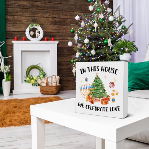 Christmas Hanukkah Wooden Desk Sign - In This House We Celebrate Love 5x5 Inches