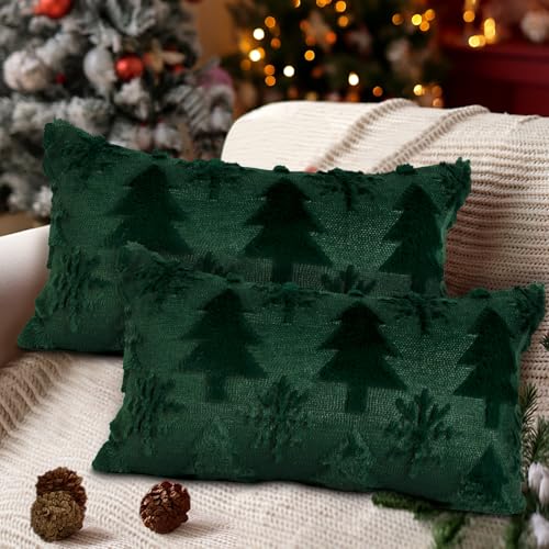 Lanpn Green 14x24 Christmas Tree Throw Pillow Covers Set of 2 Winter Snowflake Holiday Decor