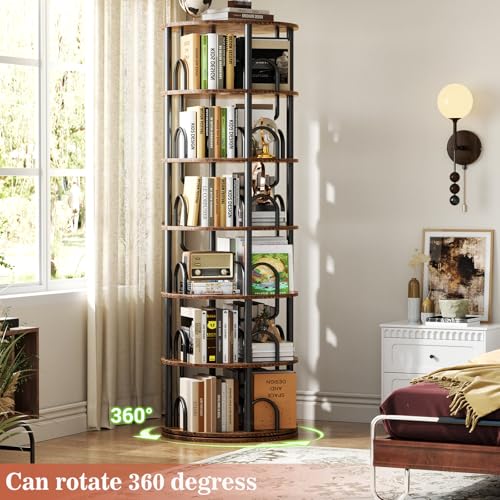 6-Tier Rotating Bookshelf, 360° Spinning Tower Bookcase for Small Spaces