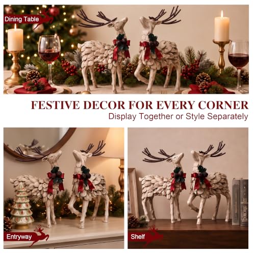 Resin Holiday Deer Figurine Set - Christmas Reindeer Decor, 2 Pack