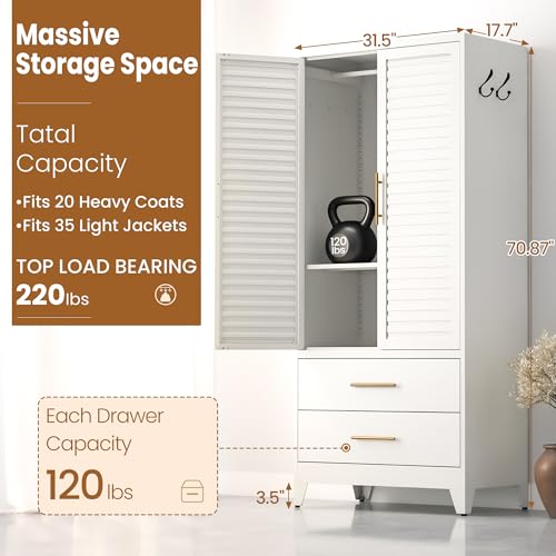 Metal Wardrobe Closet with Adjustable Shelves, Hanging Rod, and 2 Drawers