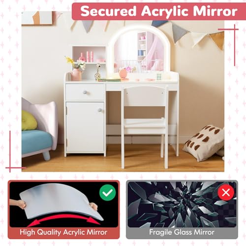 Kids Vanity Set with Lighted Mirror, Chair, and Storage - White Wooden Desk