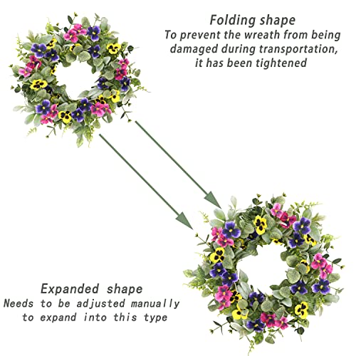 20-Inch Artificial Pansy Wreath with Lambs Ear and Eucalyptus for Front Door