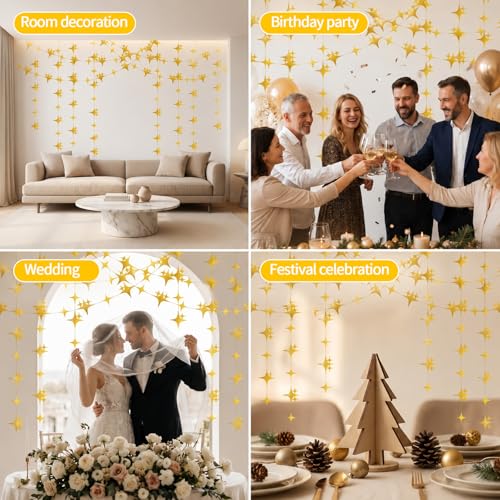 40ft Gold Star Bunting Garland for Party Decor, Pre-String Star Hanging Banner