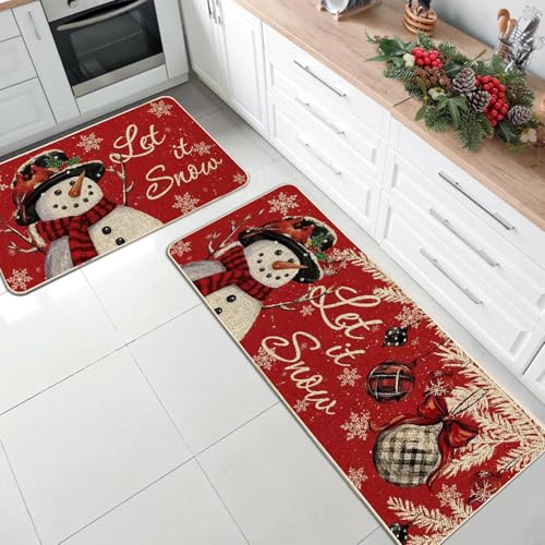 Snowman Christmas Kitchen Rugs Set 2-Piece Non-Slip 17x47 & 17x29 Inches
