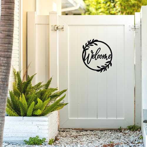 13.5-Inch Metal Welcome Sign - Round Black Wreath Wall Decor for Front Door