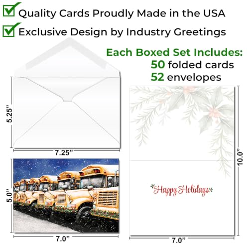 School District & Charter School Bus Christmas Cards 50-Pack with Envelopes