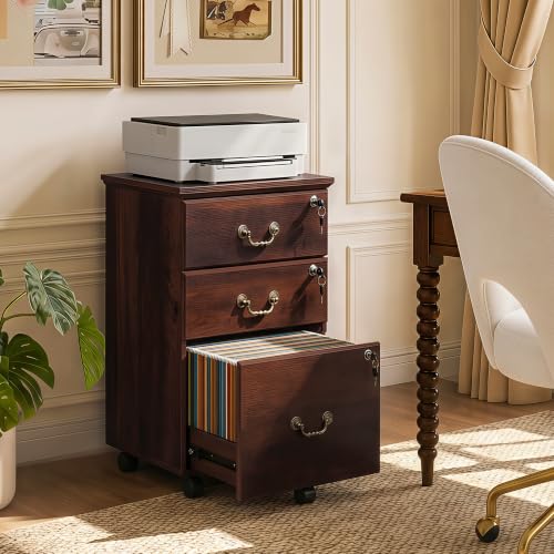 3-Drawer Mobile Wood File Cabinet with Locks, Rolling Under-Desk Organizer