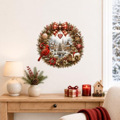 Christmas Wreath Wall Decal - Cardinal Winter Village Scene, 13.8 Inch, Peel & Stick Holiday Decor