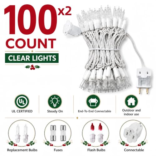 Xeekeehii Warm White 2-Pack 21Ft Christmas String Lights - 100 Incandescent Bulbs