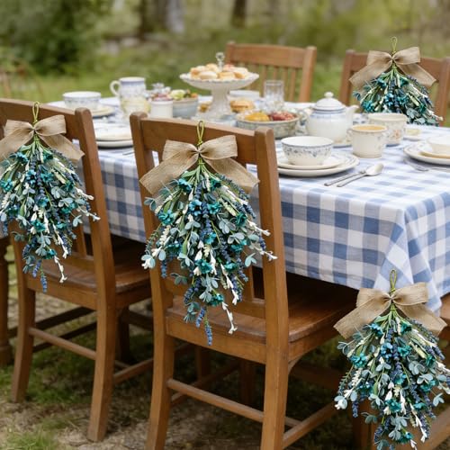 2-Pack Artificial Teardrop Swag Wreaths with Blue Daisies and Eucalyptus