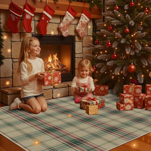 Green Christmas Checkered 5x7 Area Rug - Washable Faux Wool, Non-Slip