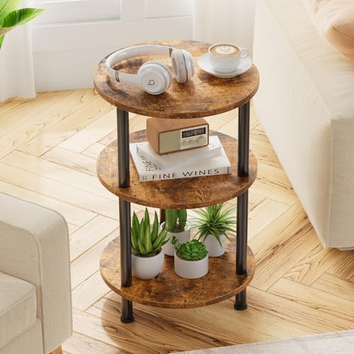 3-Tier Round Side Table, Compact Rustic Accent Table for Small Spaces