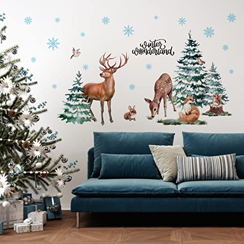 Mfault Winter Christmas Forest Deer Wall Decals Stickers, Xmas Wonderland Pine Tree Animals Elk Squirrel Rabbit Nursery Christmas Decorations Kids Bedroom Art, Snowflakes Baby Boys Girls Room Decor