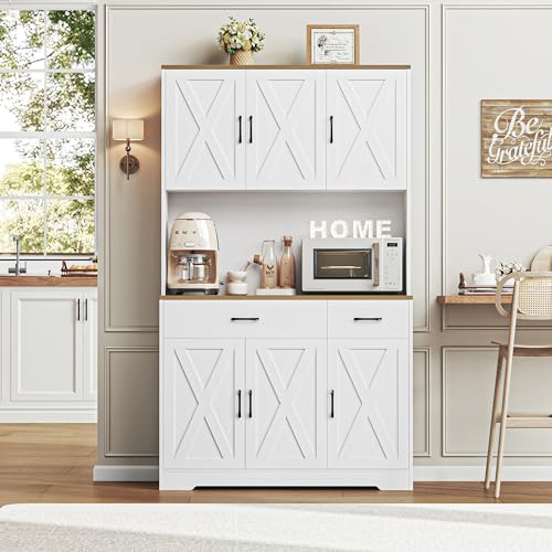 71" Tall Farmhouse Kitchen Pantry Cabinet with Charging Station, White