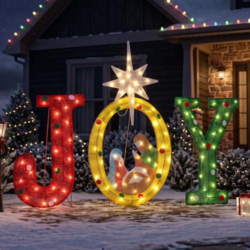 Veltenovaire 3-Piece Lighted Nativity Joy Sign Set for Christmas Yard Decor