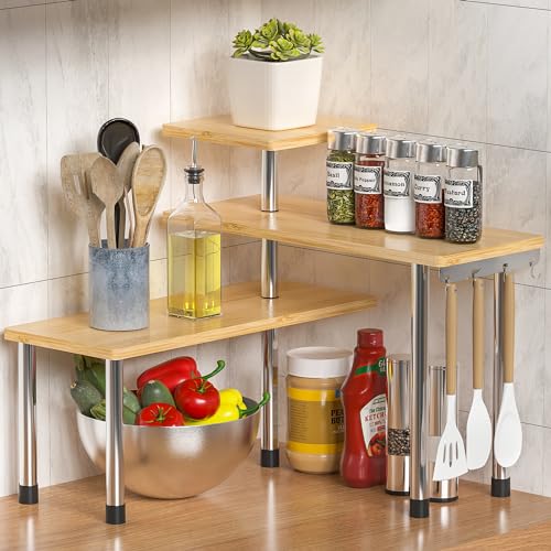 3-Tier Adjustable Bamboo Countertop Organizer with 4 Hooks for Kitchen & Bath
