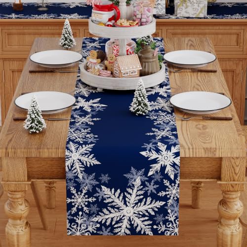 Siilues 220 GSM Blue Snowflake Christmas Table Runner 13x72 Inch